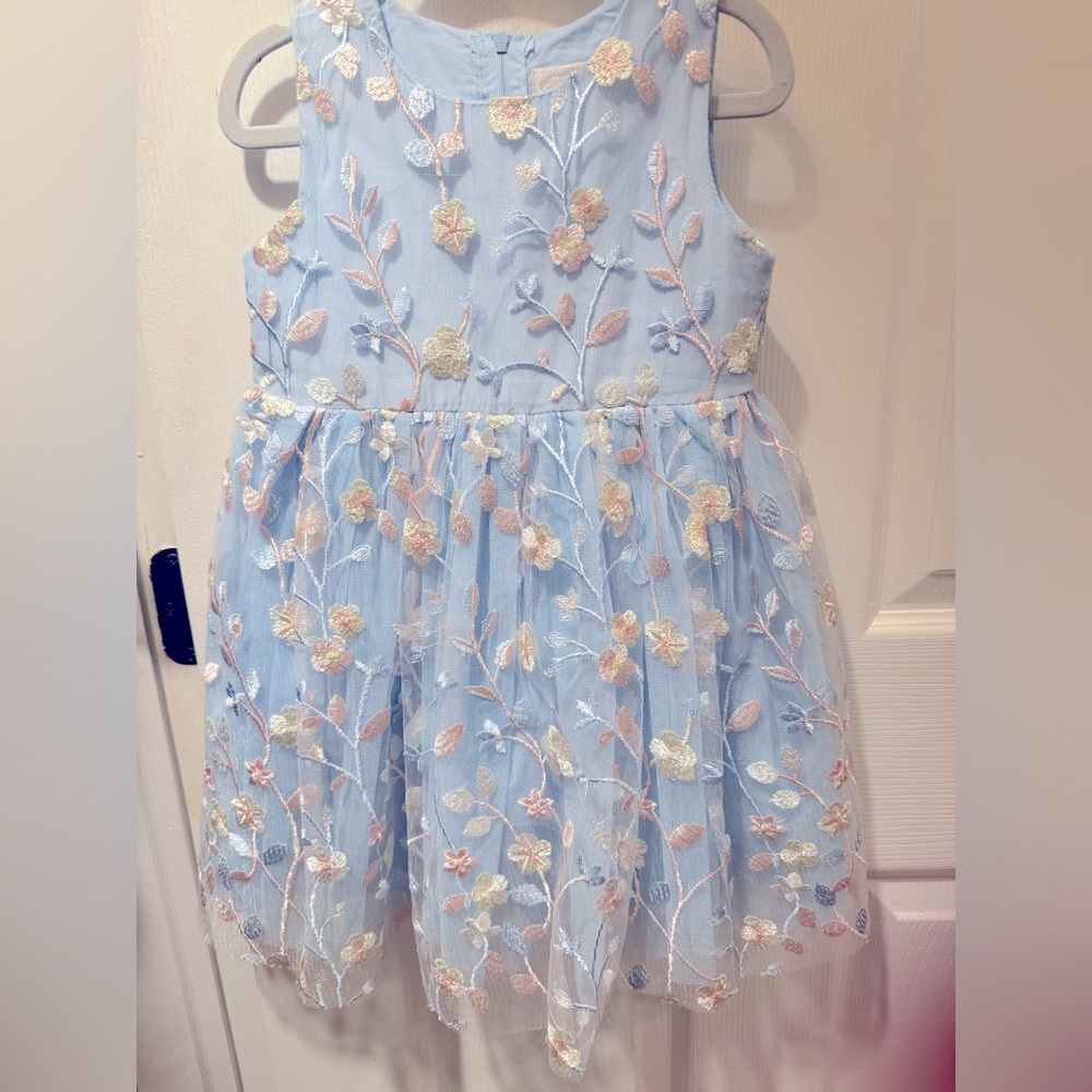 Popatu Light Blue Dress with Pink Floral Embroidery